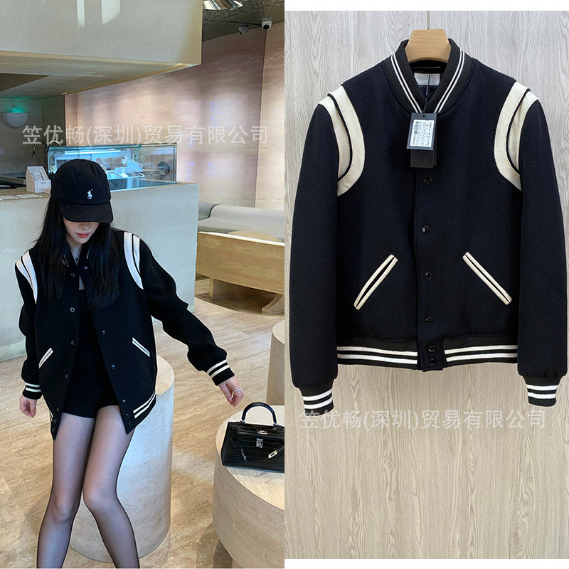 SLP style classic wool black and white patchwork baseball jacket, unisex, trendy cross-border fashion