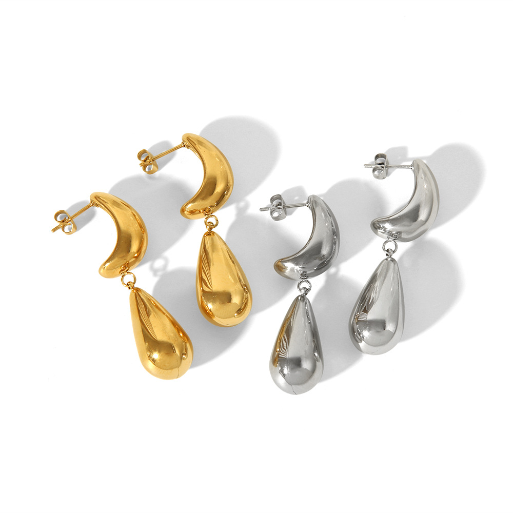Vacuum Plating 18K Gold Plated Moon Water Droplets 316L Stainless Steel  Elegant Vintage Style Waterproof Non Tarnish Surgical Steel Drop Earrings display picture 1