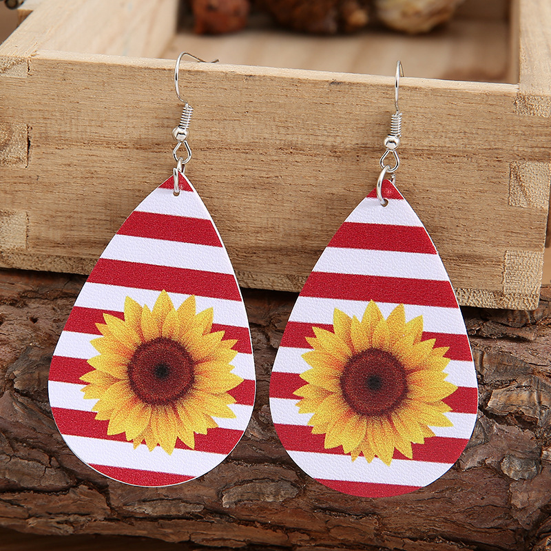 Drop-shaped Pu Leather Simple Striped Colors Sunflower Earrings display picture 2