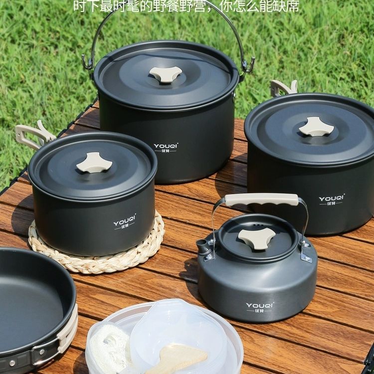Acampar al aire libre hervidor olla equipo de camping picnic suministros olla portátil set utensilios de cocina vajilla traje