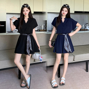 2025 New Summer Clothes for Fat mm Plus Size Women's Fashionable V-Neck Short-Sleeved Shirt with Ribbon Waist Shorts Suit
