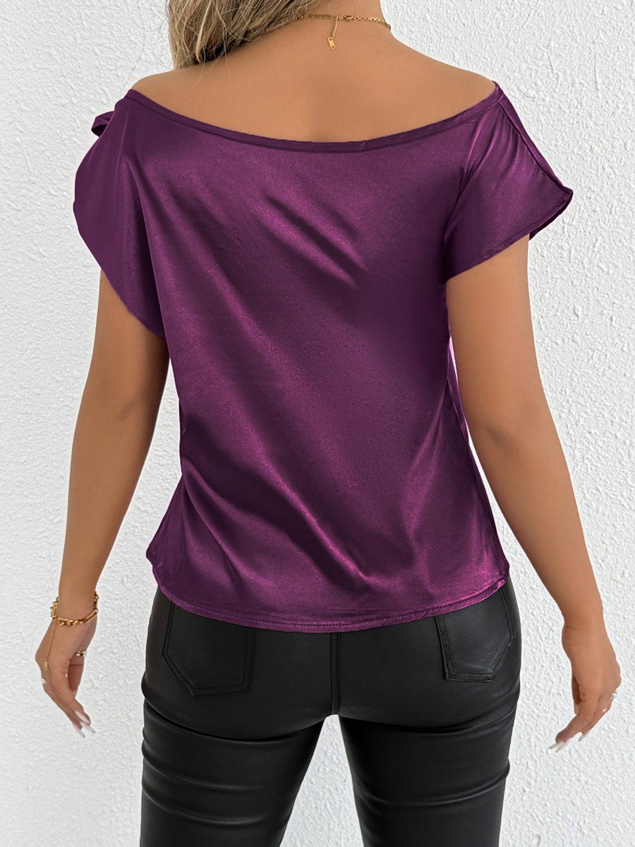 Foto real de ropa femenina transfronteriza: camisa de satén de verano para mujer, camisa de seda tipo satén con diseño elegante, top de manga corta.