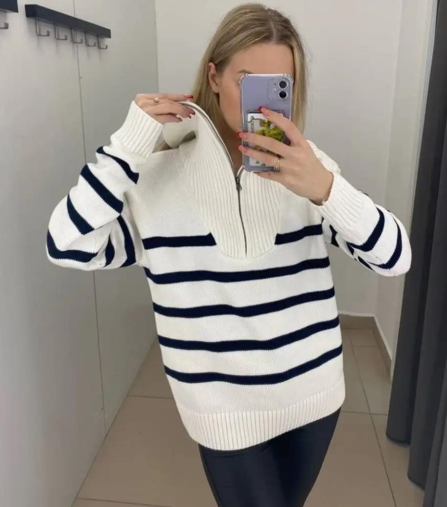 2024 neuer Damen-Herbst-Winter-College-Stil, außen und innen getragener gestreifter Strickpullover, Pullover mit halbem Reißverschluss_voghion.com