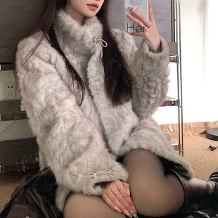 Fur one-piece stand-up collar dyed pointed bow fur coat for women winter thickened temperament mid-length fur coat loose
