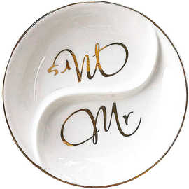 跨境热销圆形首饰盘MR. MRS.环盘陶瓷饰品托盘环盘带金线logo