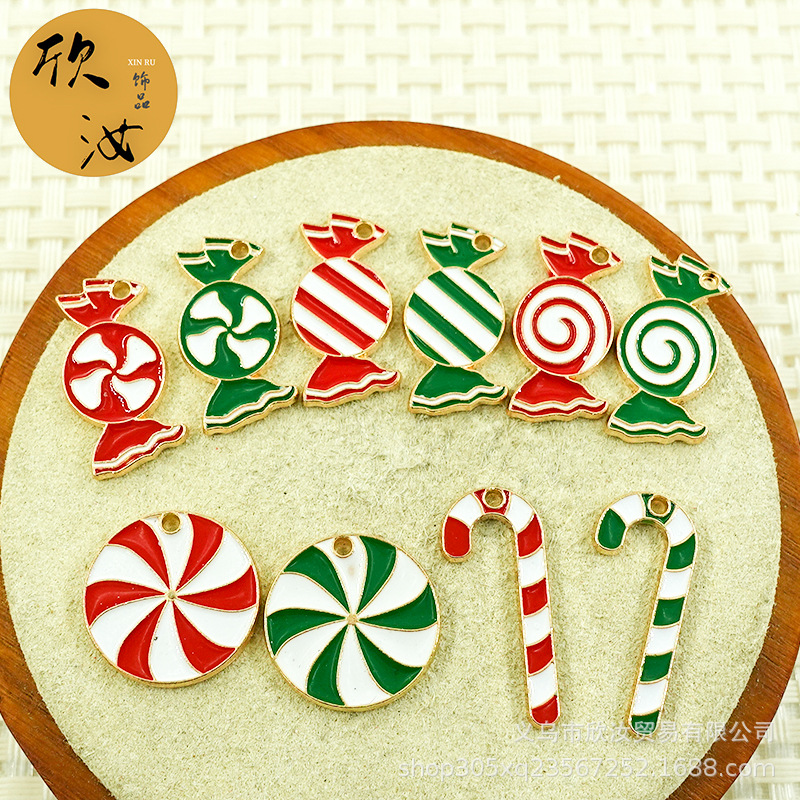 糖果圣诞系列DIY合金饰品配件单吊卡通圣诞条纹糖果棒子手绳挂件