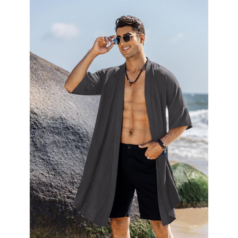 2025 New Cross-Border Dropshipping Men's Ruffled Shawl Collar Cardigan Long Kimono Jacket Cardigan