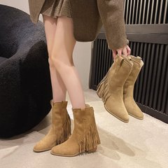 复古流苏西部靴女2025春秋新款户外新疆厚底短靴尖头废土风机车靴