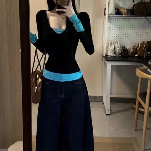 Ultra-comfortable modal V-neck faux two-piece contrast-color long-sleeve T-shirt for women—perfect for spring and summer, offering a slimming, figure-flattering fit as a versatile inner layer or base top.