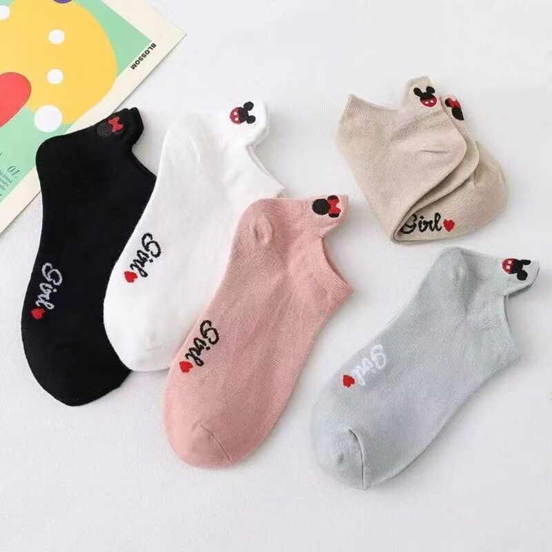Cotton Embroidered Blue Fat Women's Socks Spring and Summer Sweat-Absorbent Breathable Little Bee Boat Socks Doraemon Mickey Mouse Kt Cat