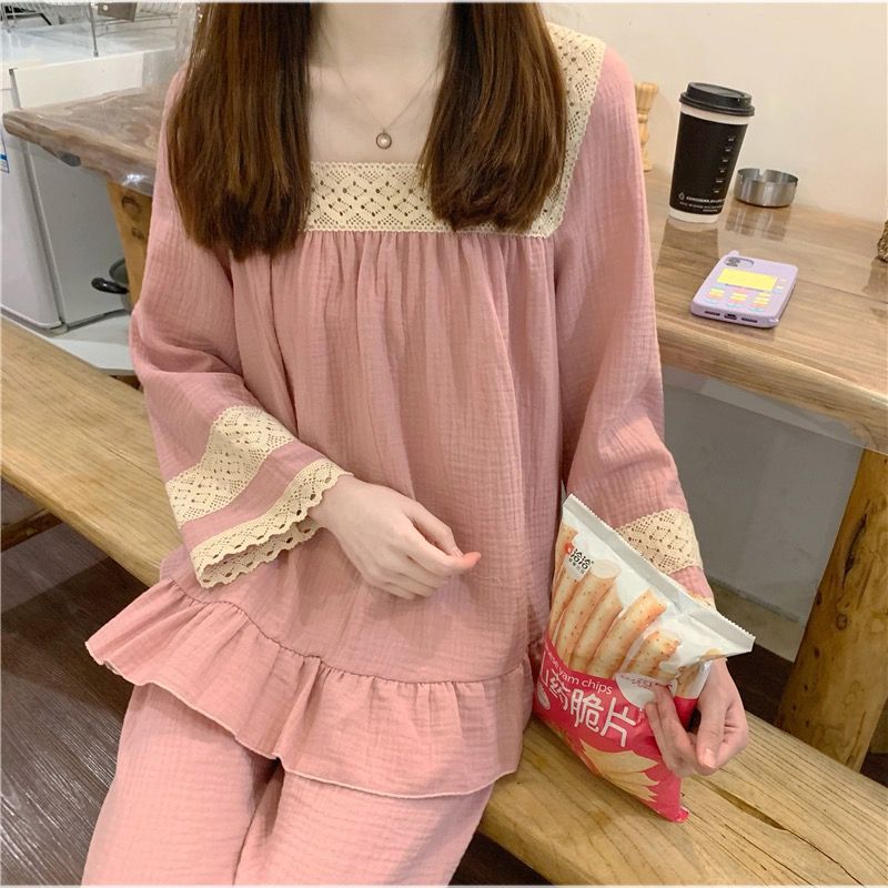 Al por mayor transfronterizo primavera y otoño estilo de cuello cuadrado pijama de encaje mujer manga larga set princesa dulce set de ropa para el hogar