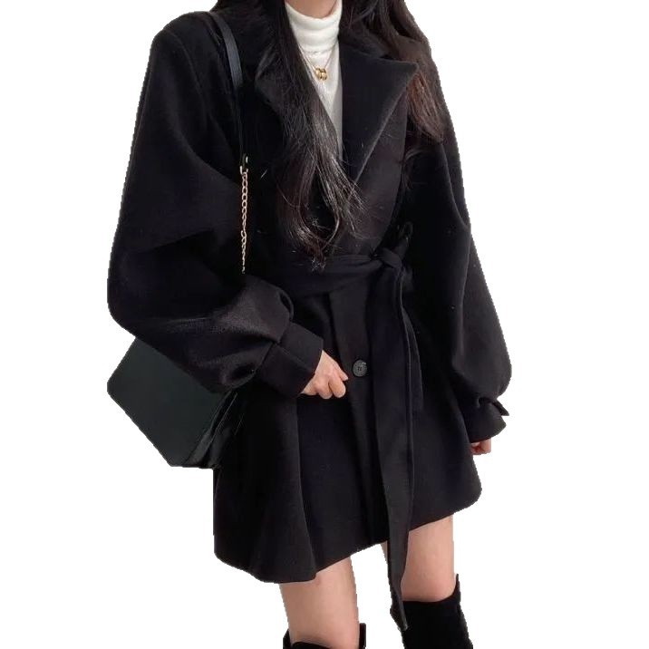 黑色收腰毛呢外套女2025秋冬季新款加厚小香风呢子大衣小个子风衣|undefined