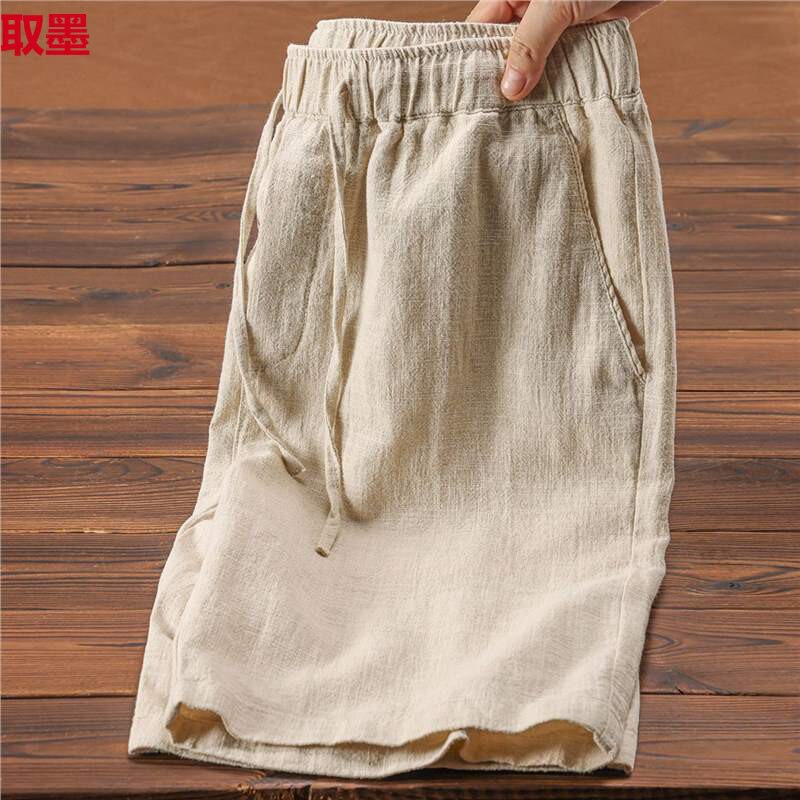 Summer Lightweight Breathable Ramie Shorts Solid Color Simple Elathe Drawstring Linen Cotton Beach Casual Loose Pants for Men