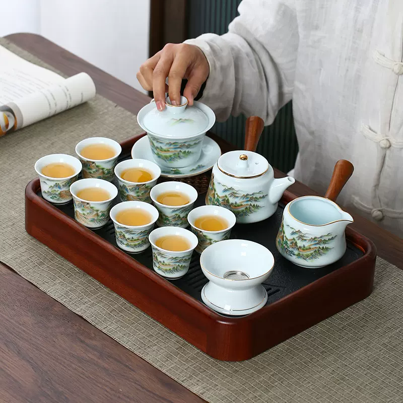 陶瓷功夫茶具套装万里长城高温白瓷描金自用中式批发轻奢轻奢风