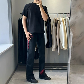 斜杠三条纹红黑撞色拼接显瘦微喇牛仔裤小众设计感美式工装直筒裤