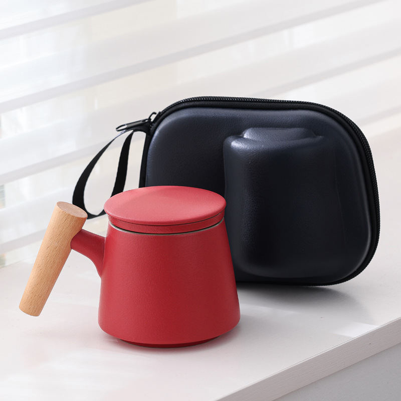 Taza elegante de tres piezas con taza de cerámica con filtro de té con tapa bolso portátil grabado LOGO nombre