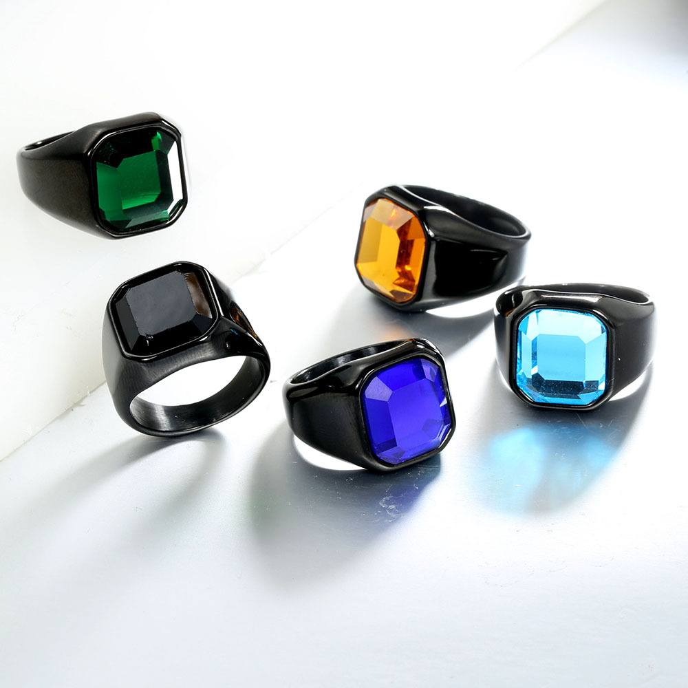 Square Pattern Unisex Gender Inlay Design Retro Punk Square Stainless Steel Inlay Gem Unisex Wide Band Rings
