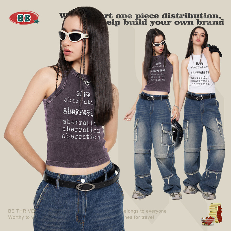 Be Women's Clothing 2025 Spring and Summer Cross-Border American Street Fashion Brand Sexy Letter Print Outdoor Washed Outer Vest for Women