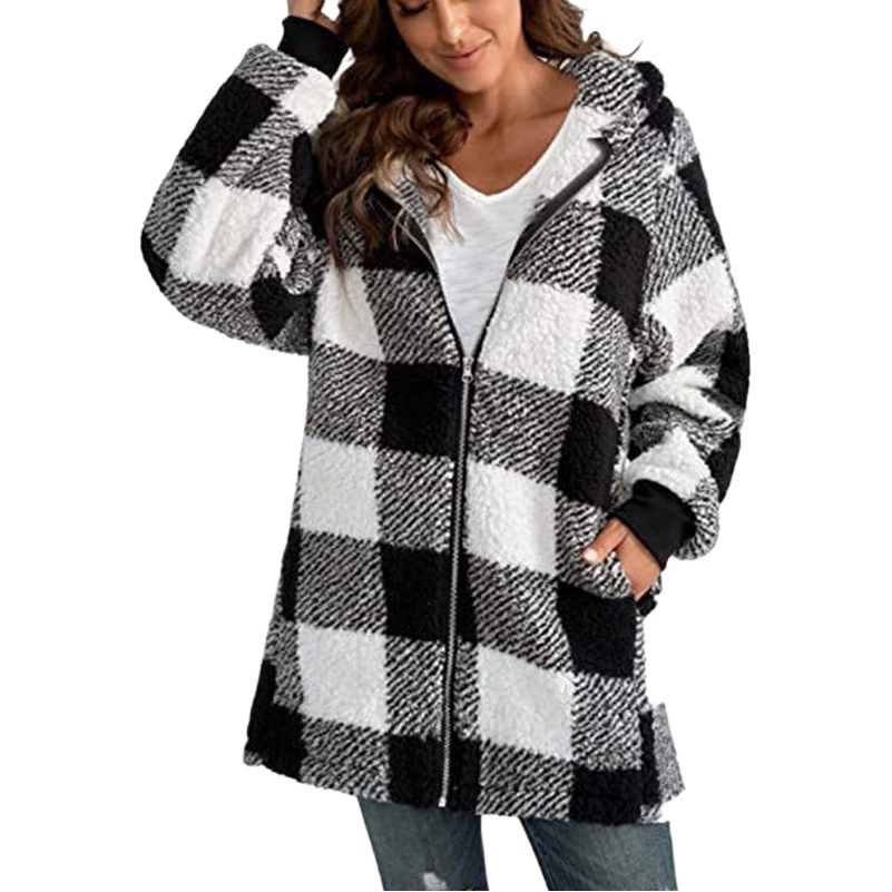 Европейская и американская стильная женская плюшевая куртка 2025 года, новинка Amazon, с длинными рукавами, в клетку, с капюшоном, на молнии, свободного кроя, с карманами