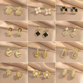 跨境时尚气质耳环幸运草锆石花朵爱心小熊耳钉小众轻奢新款设计感