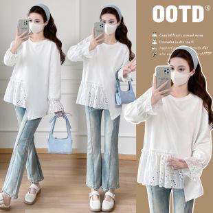 Spring 2025 New Long-sleeved T-shirt Stitching Lace Loose All-match Pregnant Women's Long-sleeved Top