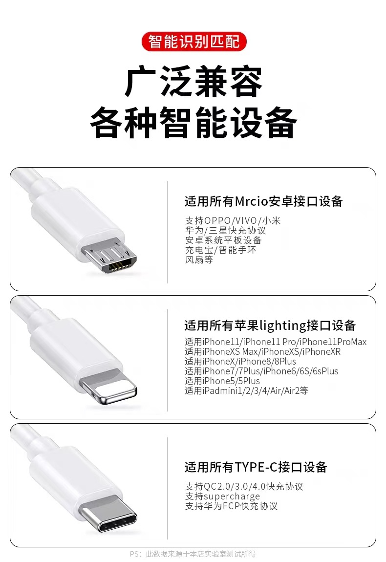 Weißes 3-in-1 Super-Schnelllade-Datenkabel, Ladekabel für eins bis drei Geräte, geeignet für Schnellladen von Apple, Huawei und Android-Mobiltelefonen