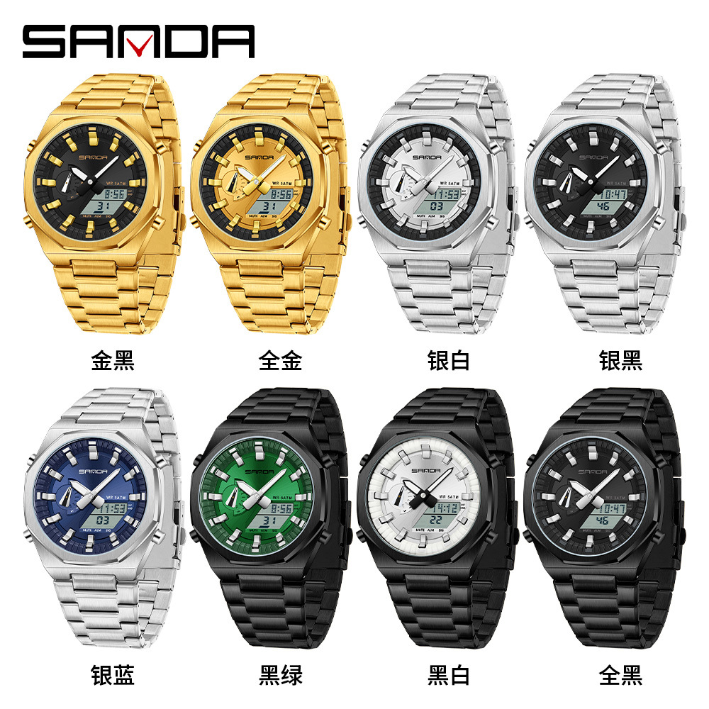 SANDA SANDA reloj electrónico sincronizado doble pantalla multifuncional reloj de hombre octogonal cuenta atrás reloj de pulsera de luz nocturna 3376