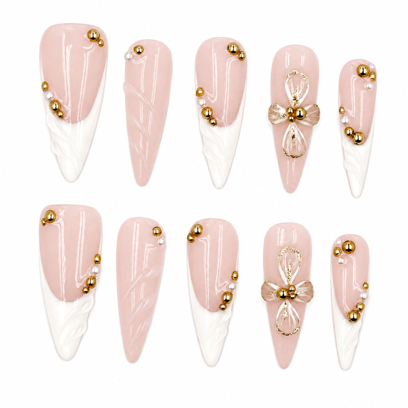 French-style long pointed tip press-on nails with bow, 10-piece set, custom wholesale, can be shipped on behalf of others, handmade press-on nails wholesale French-style long pointed tip press-on nails with bow, 10-piece set, custom wholesale, can be shipped on behalf of others, handmade press-on nails wholesale