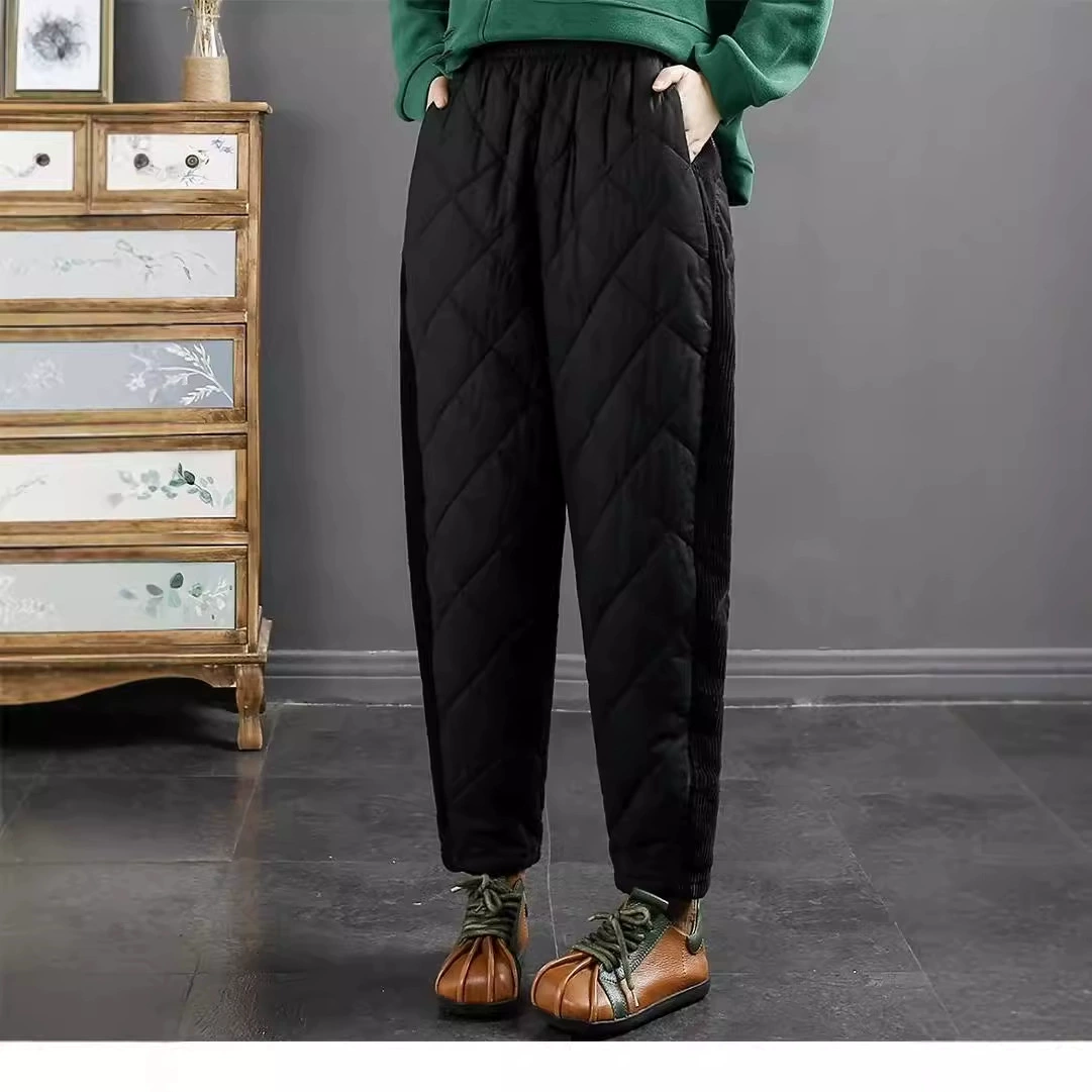 Новые универсальные брюки из вельвета с лоскутным узором для женщин, зимние ветрозащитные и теплые брюки-джоггеры-шаровары для носки поверх верхней одежды
