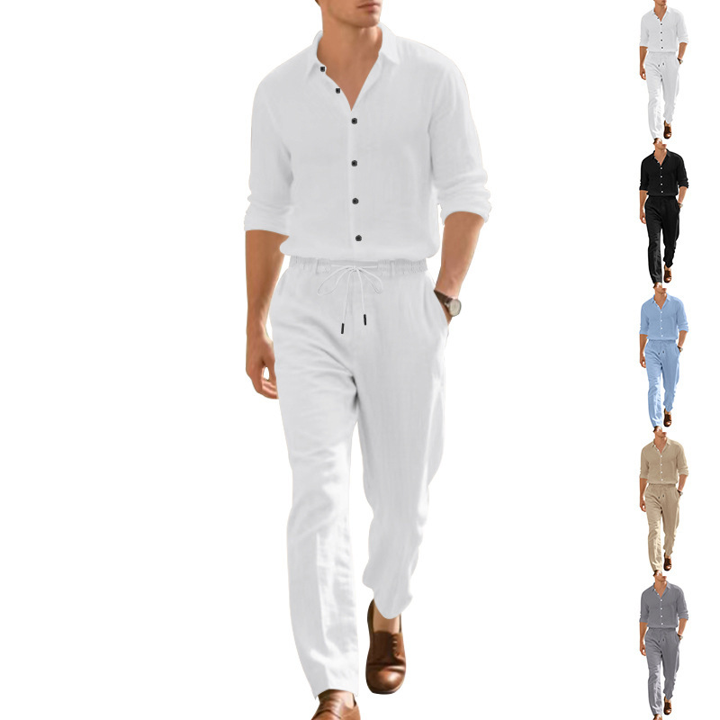 Herren Anzug Aus Leinen Mit Langarmhemd Und Hose Für Den Herbst_voghion.com
