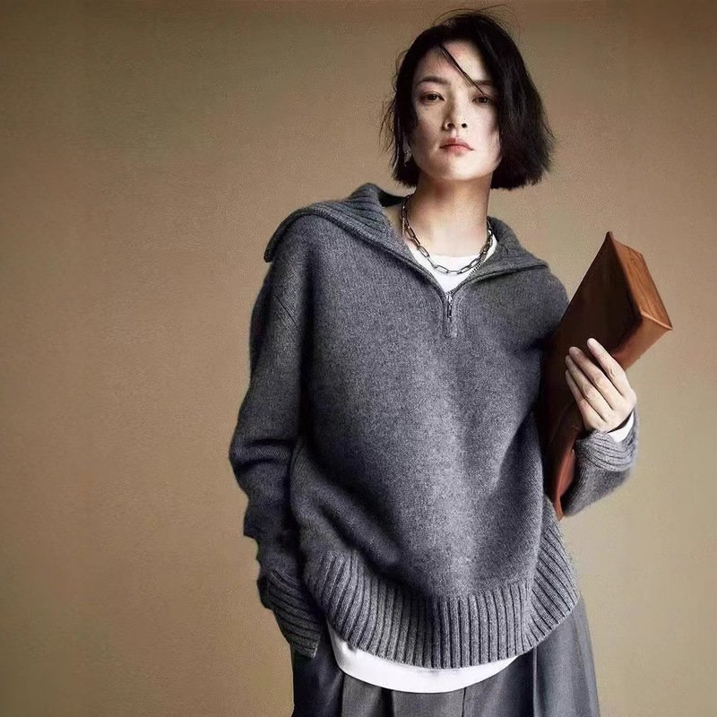 Heavy Turtleneck Sweater Women's Spring Autumn and Winter Thickened Half Zipper Pure Wool Sweater Knitted Base Wool Sweater Coat