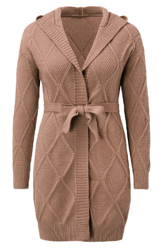 2024 neuer gestrickter Kapuzenpullover mit langen Ärmeln, lässige Strickjacke, Pulloverjacke in Übergröße, Taillengürtel für Damen, 8 Farben_voghion.com