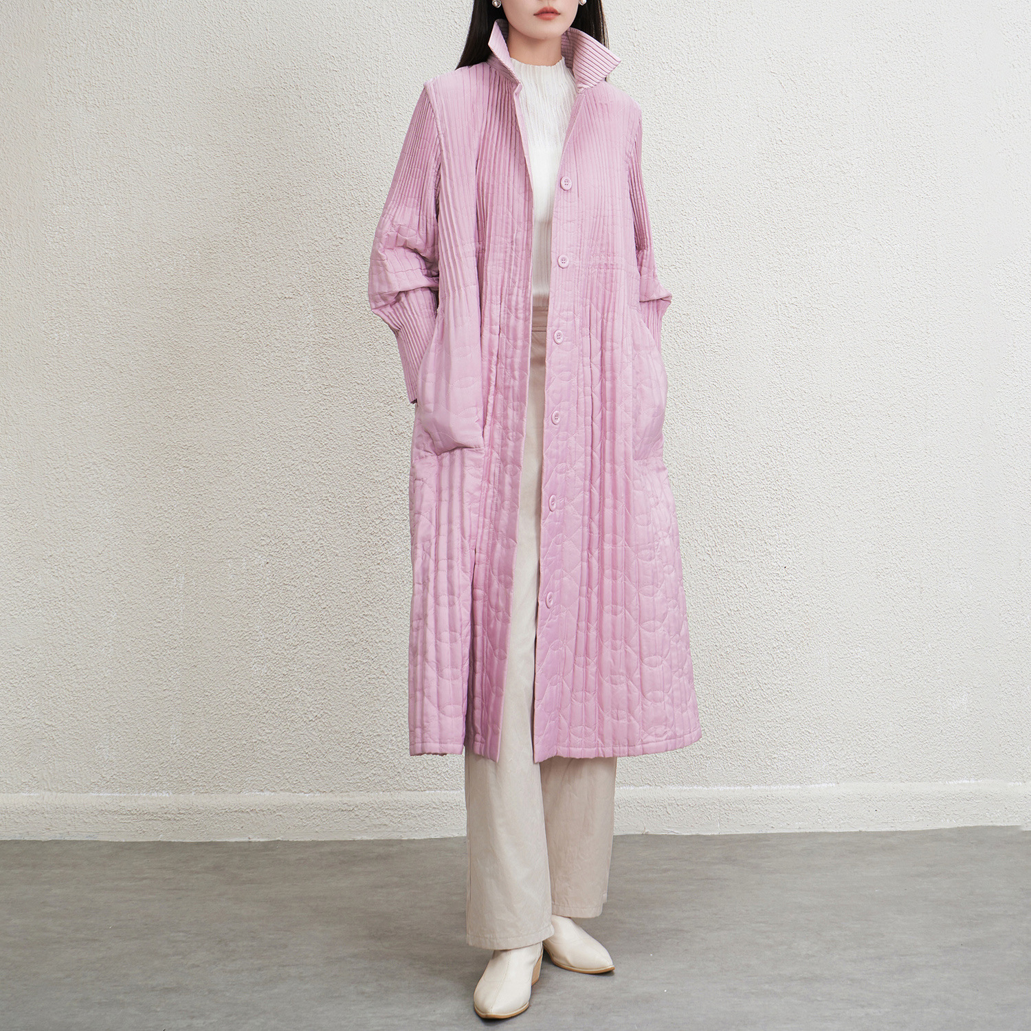 外贸原单褶皱翻领风衣女秋冬新款宽松显瘦百搭中长款加厚棉服外套