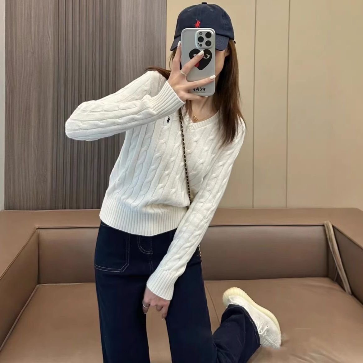 [Original Label with Qr Code] Rl Ralph Lauren Sweater V-Neck Knit Long-Sleeve Cable Knit Versatile Pony Logo Autumn/Winter Women's