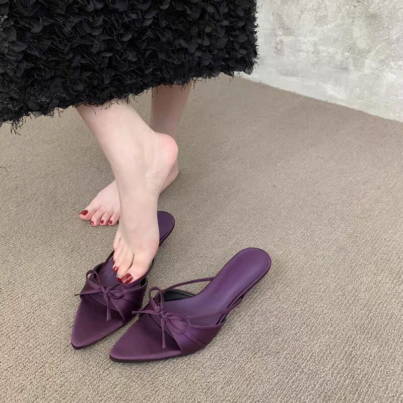 Purple Small High-Heeled Bow-Knot Sandals, Fairy Shoes for Outdoor Wear, 2025 Summer New French Style Sandals to Match with Skirts