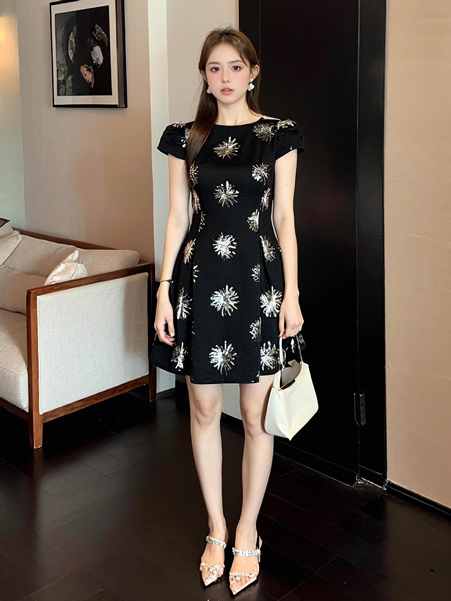 Đầm ngắn tay sequin đen thiết kế kiểu Pháp thắt eo cao — Màu đen