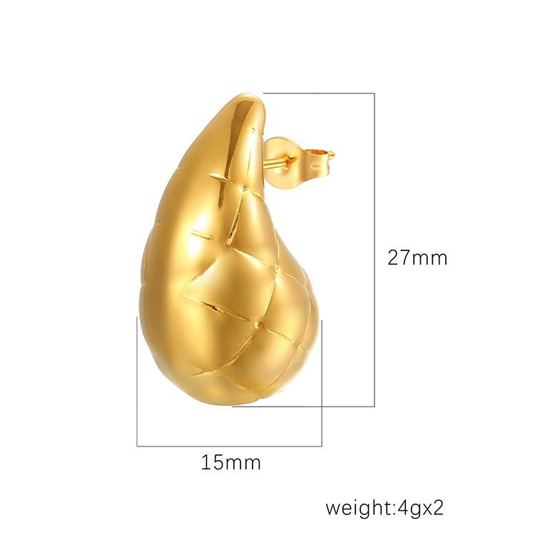 Venta caliente transfronteriza europea y americana de malla de acero inoxidable hueco pendientes de gota de agua chapado en oro real de 18K Internet celebridad espárragos de oído de las mujeres