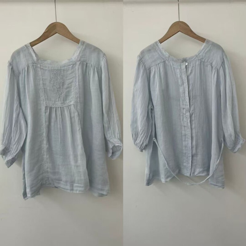 Japanese-Style Elegant and Intellectual Fashion French Court Style Lace Embroidered Ramie Shirt Top Japanese-Style Elegant and Intellectual Fashion French Court Style Lace Embroidered Ramie Shirt Top