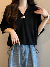 折扣设计感黑色领正肩短袖恤女夏季胖显瘦巨遮肚上衣