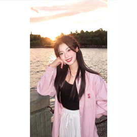 韩系甜美粉色条纹衬衫女春秋薄外套小众设计感内搭上衣长袖衬衣服