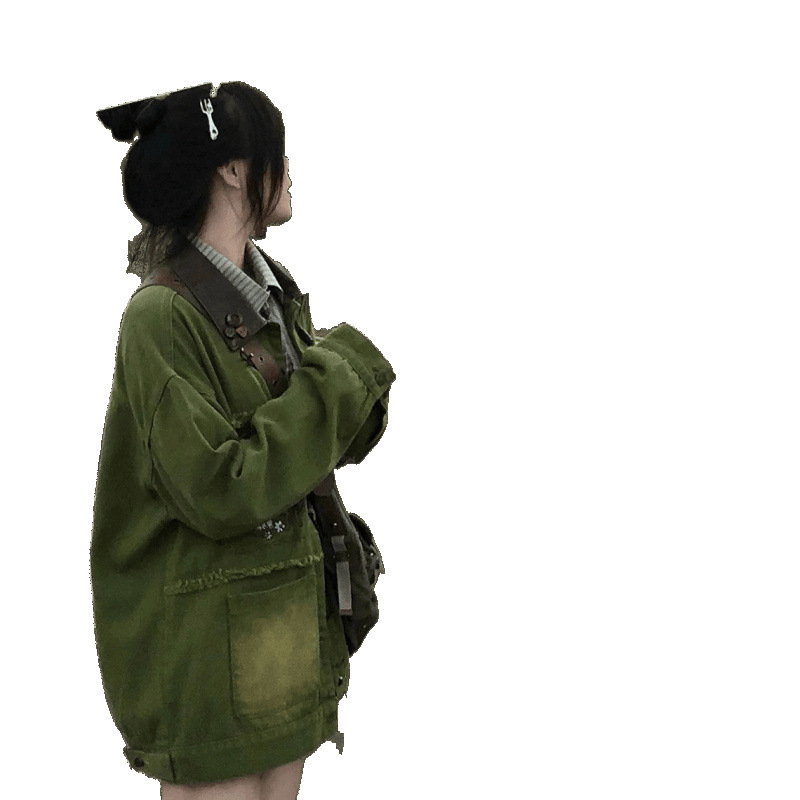 “出街vintage”童趣刺绣磨毛牛仔外套春秋款ins绿色复古牛仔服|undefined