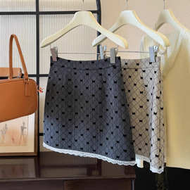 韩系灰色气质蝴蝶结蕾丝边半身裙女春夏高腰A字裙包臀裙短裙.....