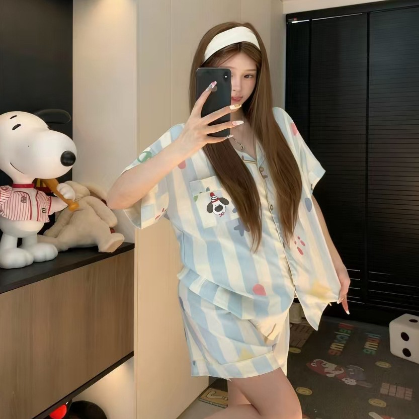 Nube de algodón pareja pijama de mujer verano nuevo suelto pantalones cortos de manga corta de dos piezas se puede usar ropa de hogar mujer