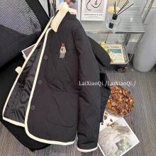 小熊刺绣菱格羽绒棉服女冬季宽松小个子棉袄撞色拼接翻领棉衣外套