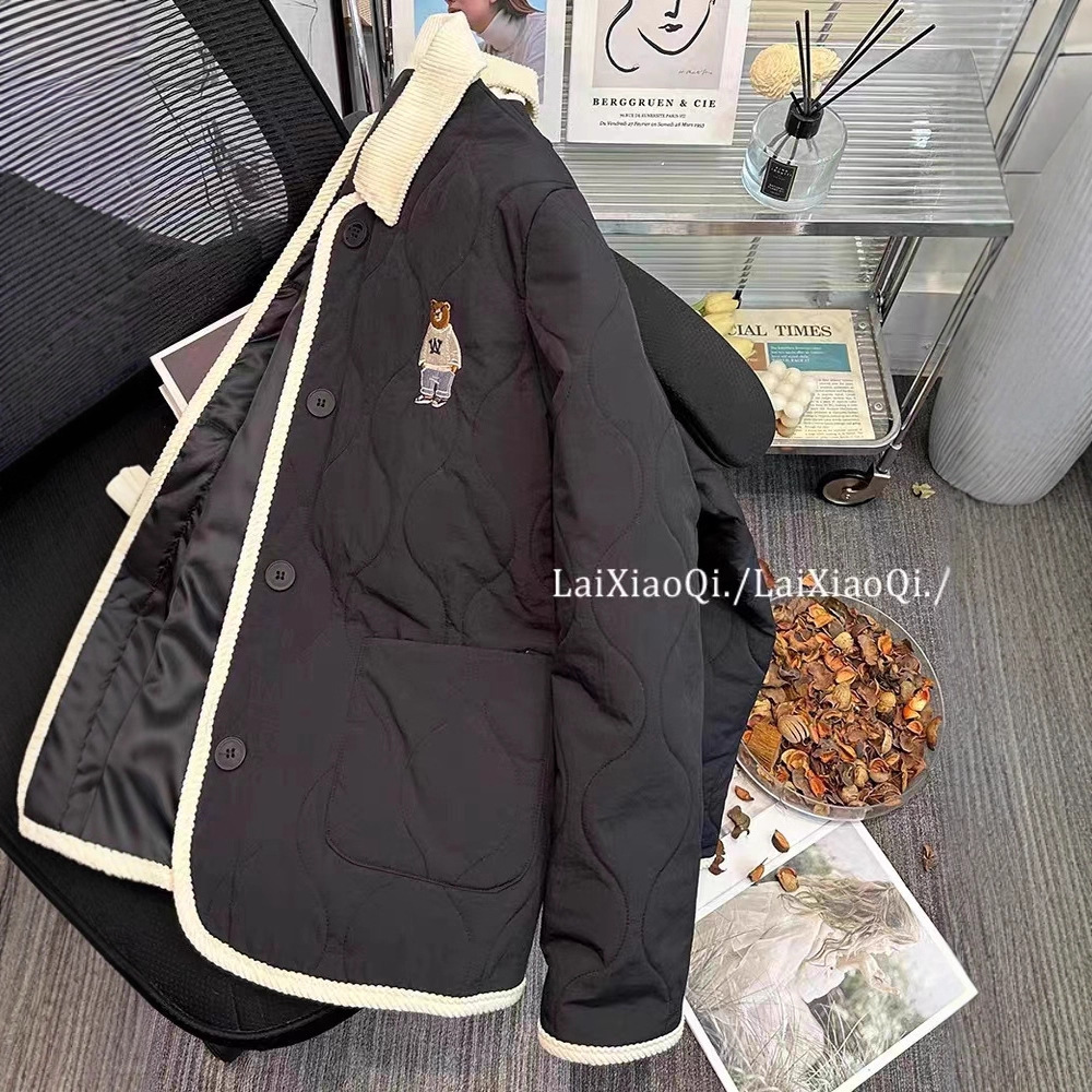 小熊刺绣菱格羽绒棉服女冬季宽松小个子棉袄撞色拼接翻领棉衣外套