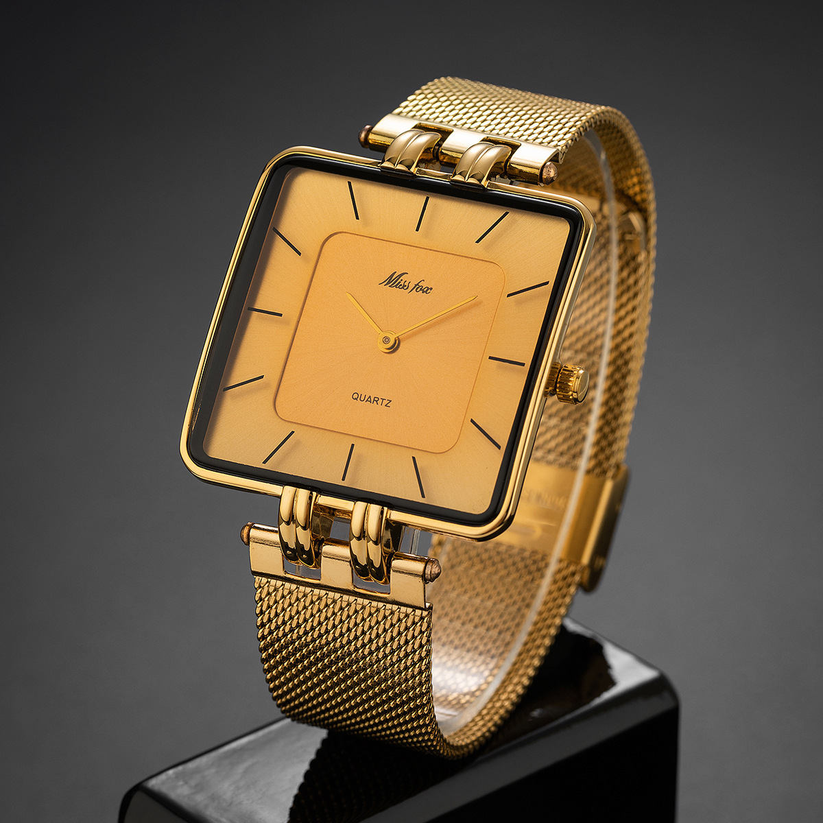 Missfox Classic Fashion Simple Square Gold Luxury Stainless Steel Mesh Quartz Men's and Women's Watch