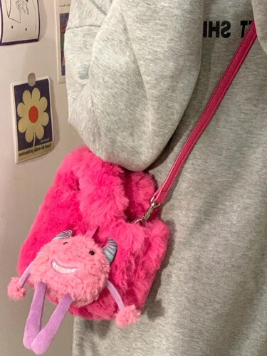 2024 New Furry Bag Trendy Doll Rose Red Cute Little Monster Pendant Plush Bucket Bag Shoulder Crossbody Bag