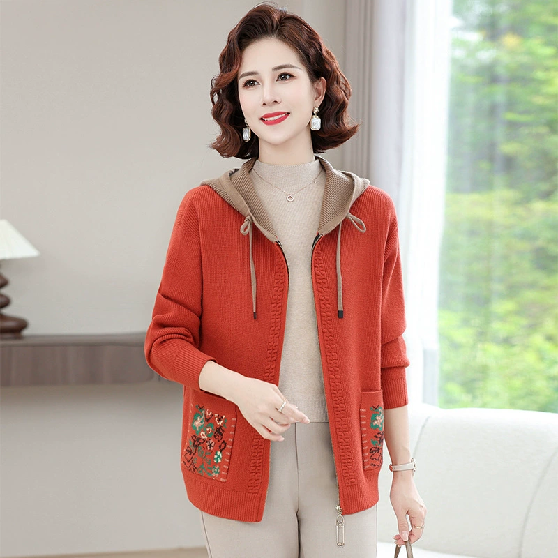 2025 новый стиль среднего и пожилого женского зимнего свитера вязаный свитер куртка мама вязаный кардиган свитер с капюшоном