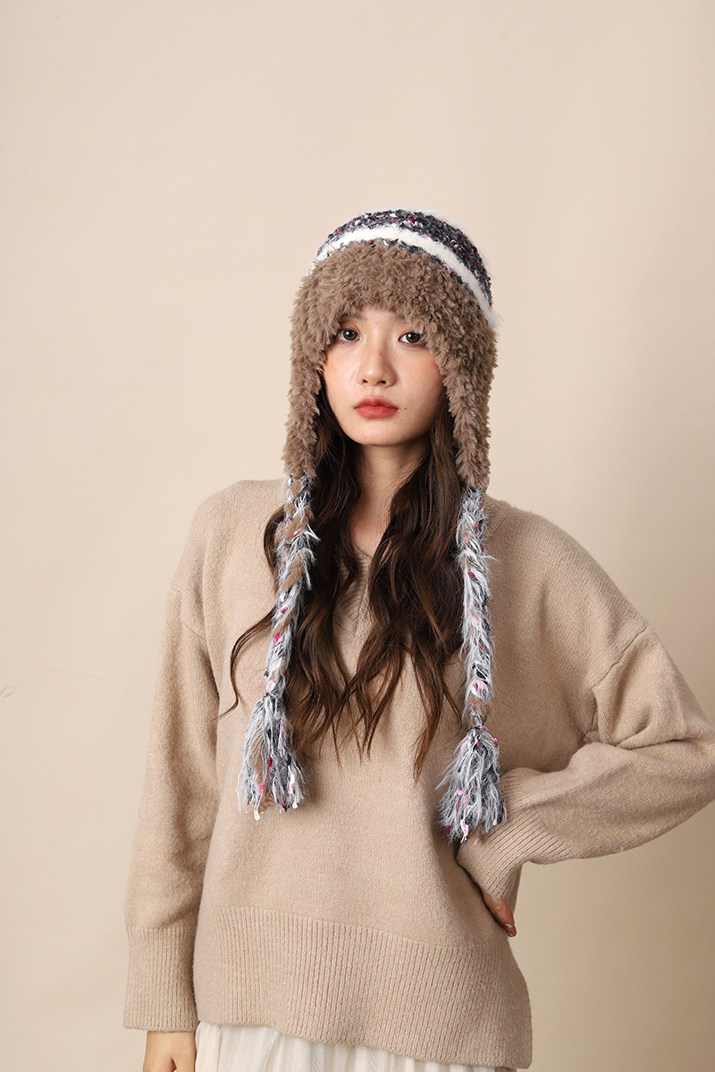 Cappello di lana lavorato a maglia con lacci colorati per donna autunno inverno nuovo caldo protezione per le orecchie e fascia per la testa a strisce colorate_voghion.com