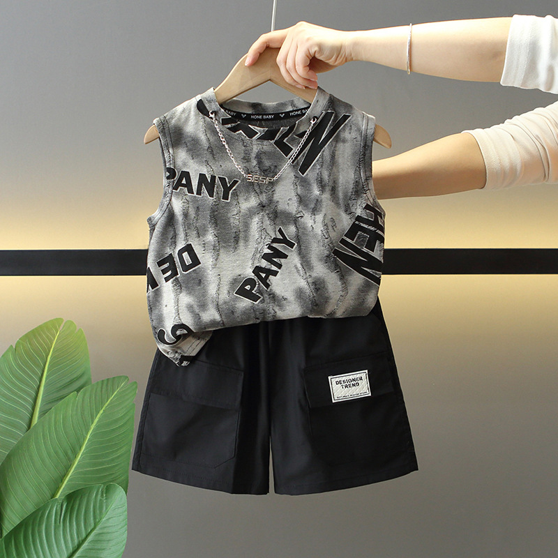 7853 Traje de verano para niños 2025 Nuevo chaleco sin mangas para niños fresco y guapo Traje de dos piezas Ropa de verano para bebés Trendy